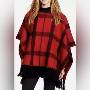 Vtg Ralph Lauren Country Wool Red Plaid Pop-over Cape Poncho Fringe Small/Medium